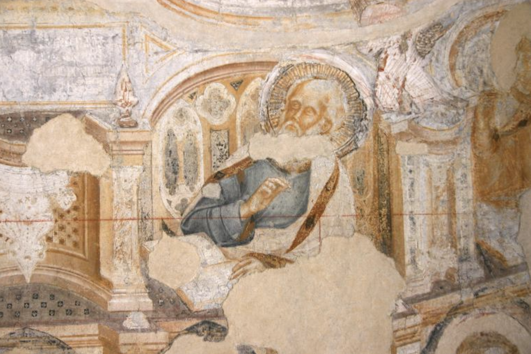 Fresco detail from the Gauriento Room (active 1338-1367), Palazzo Ducale Damaged fresco of a seated Saint from the Gauriento Room of Palazzo Ducale