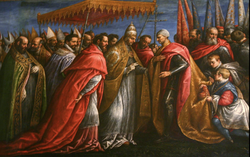 Pope Alexander III Meeting Doge Ziani by Francesco Bassano (1549-1592) and Leandro Bassano (1557-1622), Sala del Consiglio dei Dieci, Palazzo Ducale Pope Alexander III Meeting Doge Ziani