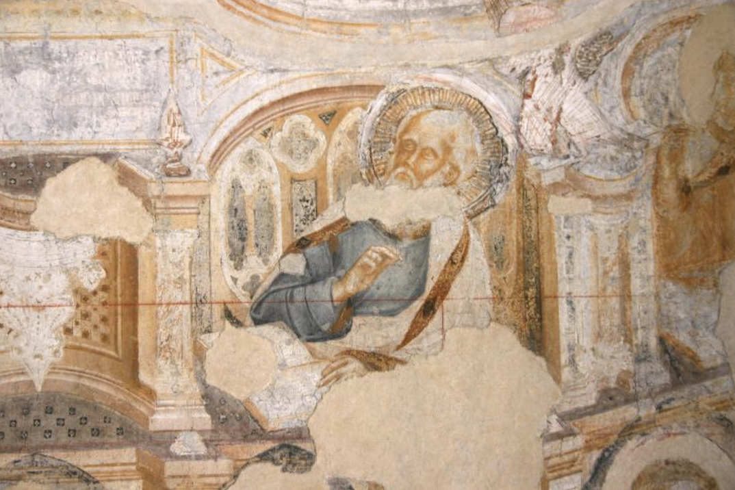 Damaged fresco of a seated Saint from the Gauriento Room of Palazzo Ducale